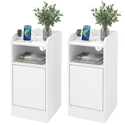 Slim Bedside Table Set of 2 with Charging Station, White
