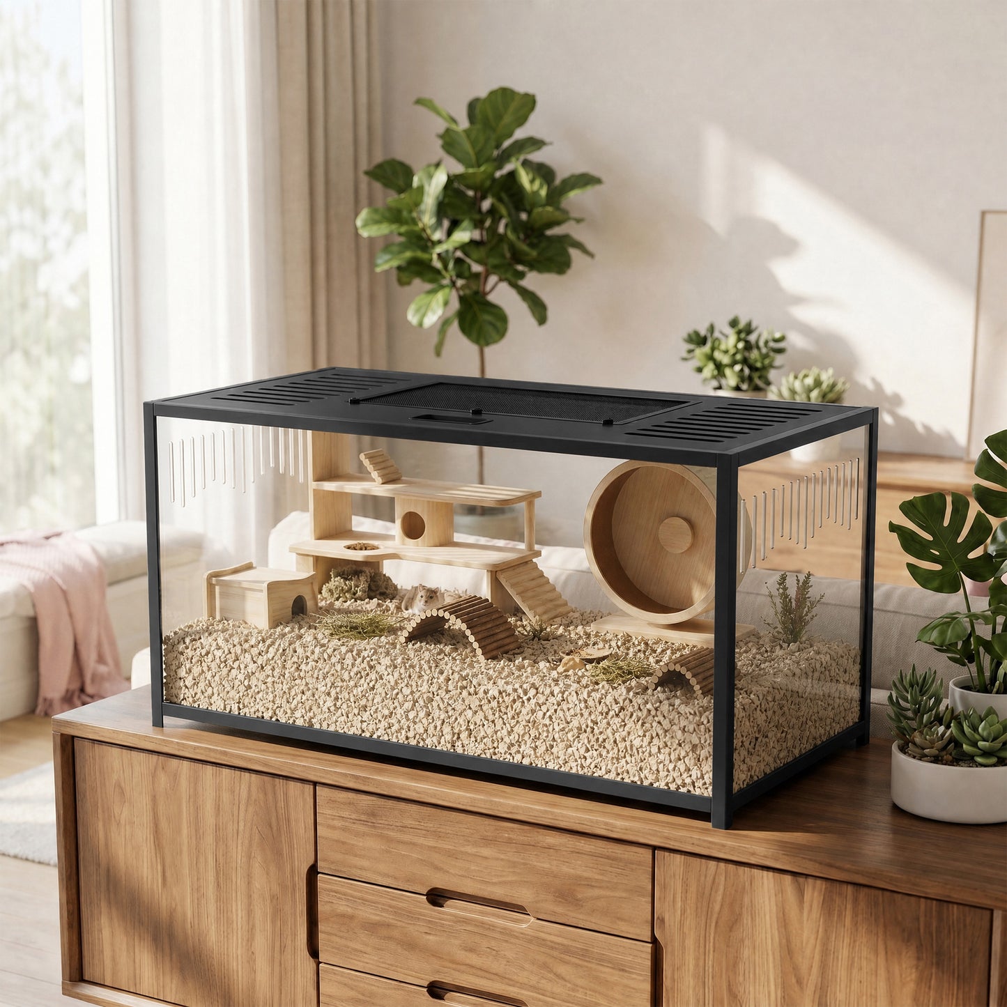 Large Hamster Cage, Chewproof Metal Rat Cage with Openable Top, Black