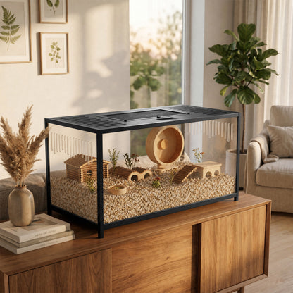 Large Hamster Cage, Chewproof Metal Rat Cage with Openable Top, Black