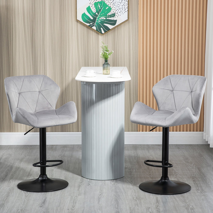 Set Of 2 Bar stools With Backs , Velvet-Touch Barstools w/ Metal Frame Footrest Triangle Indenting Moulded Seat Adjustable Height Swivel Grey