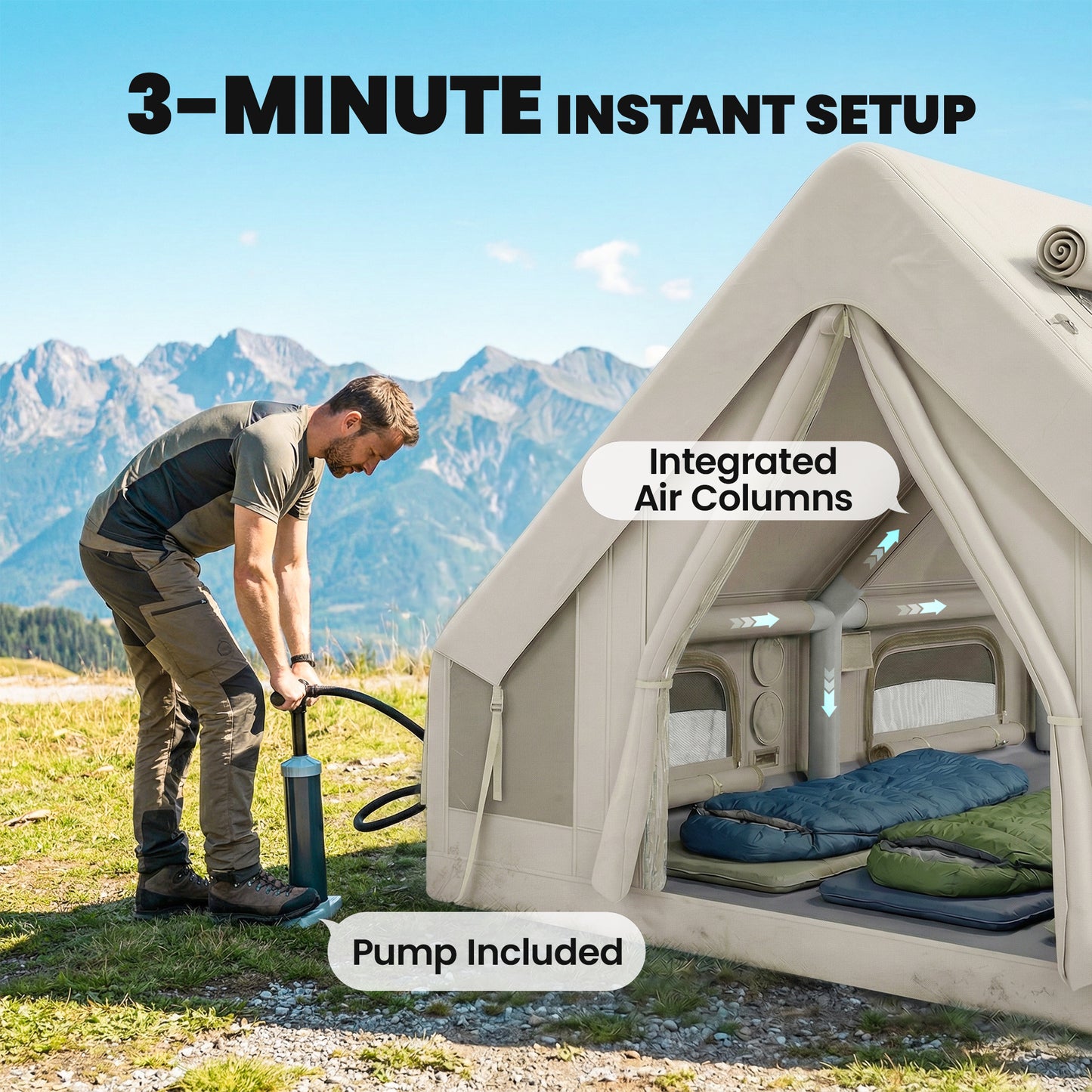 Inflatable Camping Tent, 4 Season Hot Tent 10000mm Waterproof with Chimney Opening, Sky Light and Air PumpKhaki