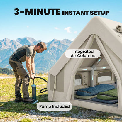 Inflatable Camping Tent, 4 Season Hot Tent 10000mm Waterproof with Chimney Opening, Sky Light and Air PumpKhaki