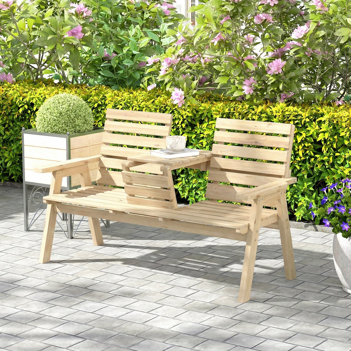 Convertable 3-Seater Wood Bench Table Garden w/ Armrests Natural