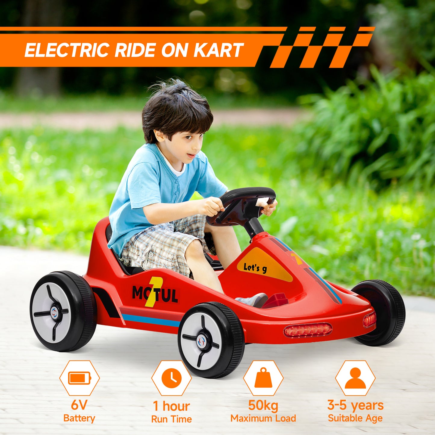 6V Electric Go Kart w/ Music, Light, Horn, for 3-5 Years, Red