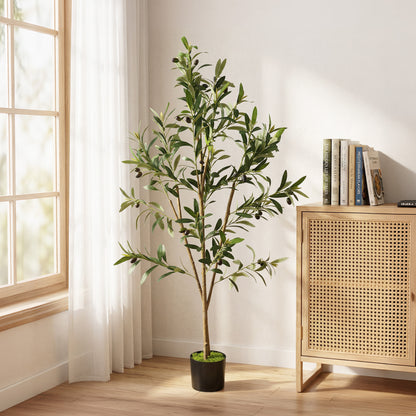 120 cm Decorative Artificial Plant, Silk Olive Tree with 303 Leaves in Cement Pot, Fake Plant for Home, Office, Living Room, Indoor Decor