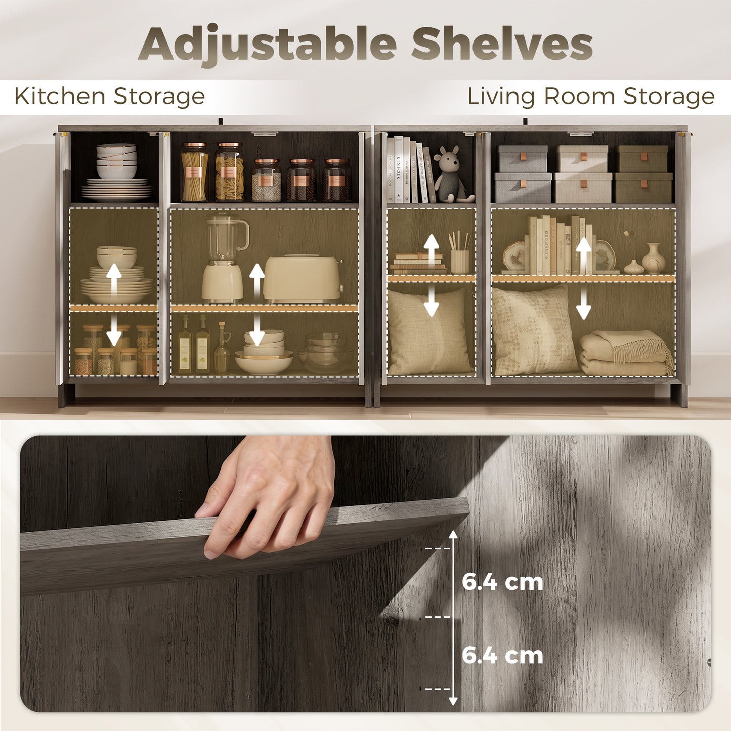 Sideboard with 3 Doors and Adjustable Shelves, Kitchen Cupboard, Grey