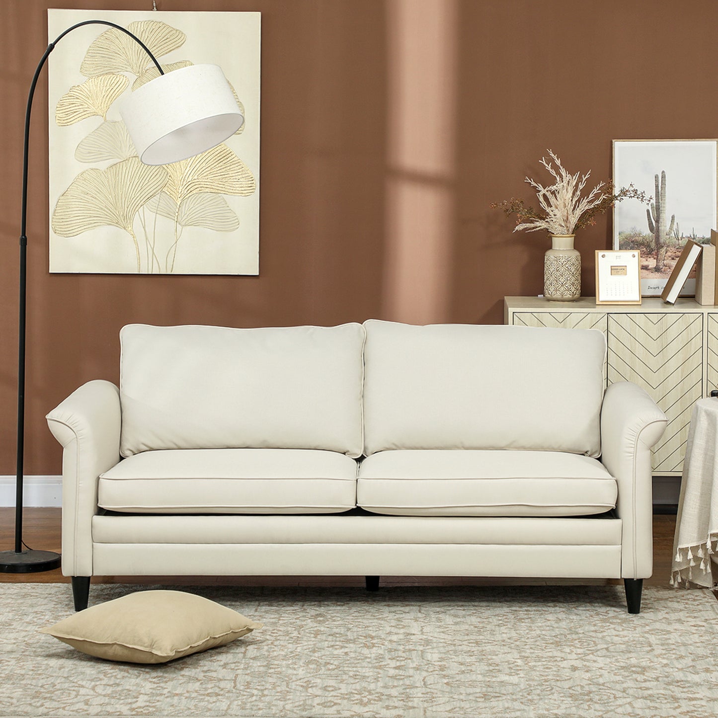 Modern 3 Seater Sofa for Living Room, Fabric Couch Settee, Cream