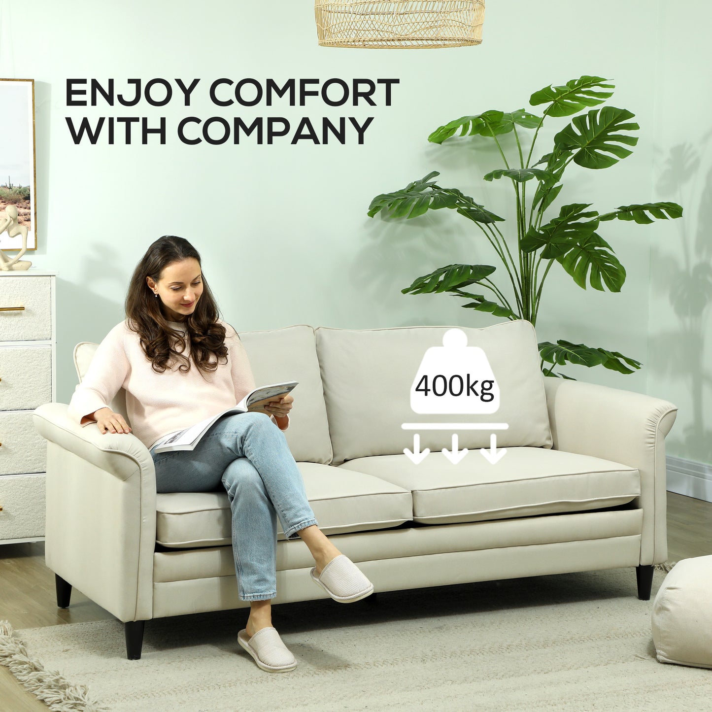 Modern 3 Seater Sofa for Living Room, Fabric Couch Settee, Cream