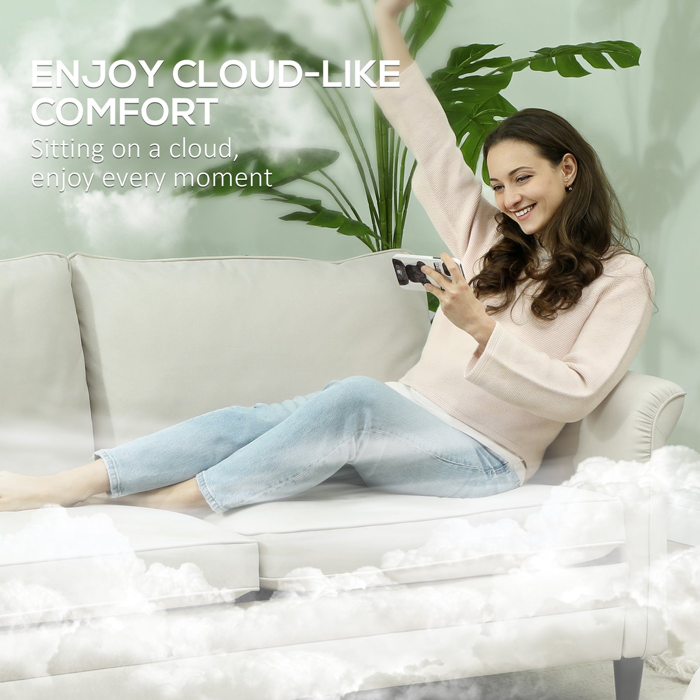 Modern 3 Seater Sofa for Living Room, Fabric Couch Settee, Cream