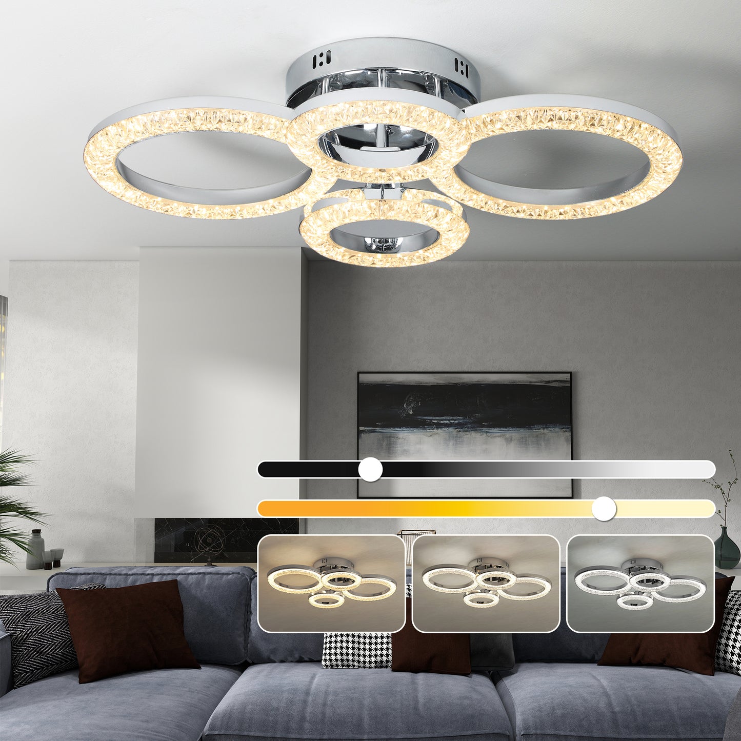 Modern 4-Ring Flush Mount Ceiling Light, LED Ceiling Light, Silver