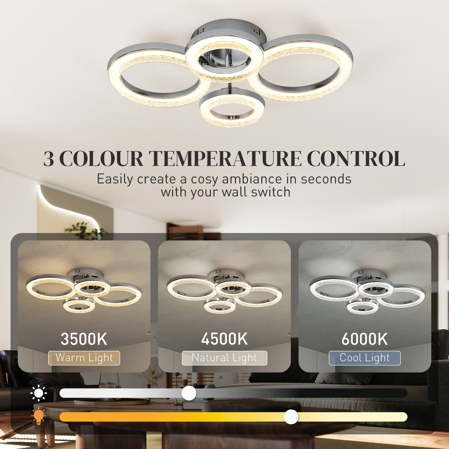 Modern 4-Ring Flush Mount Ceiling Light, LED Ceiling Light, Silver
