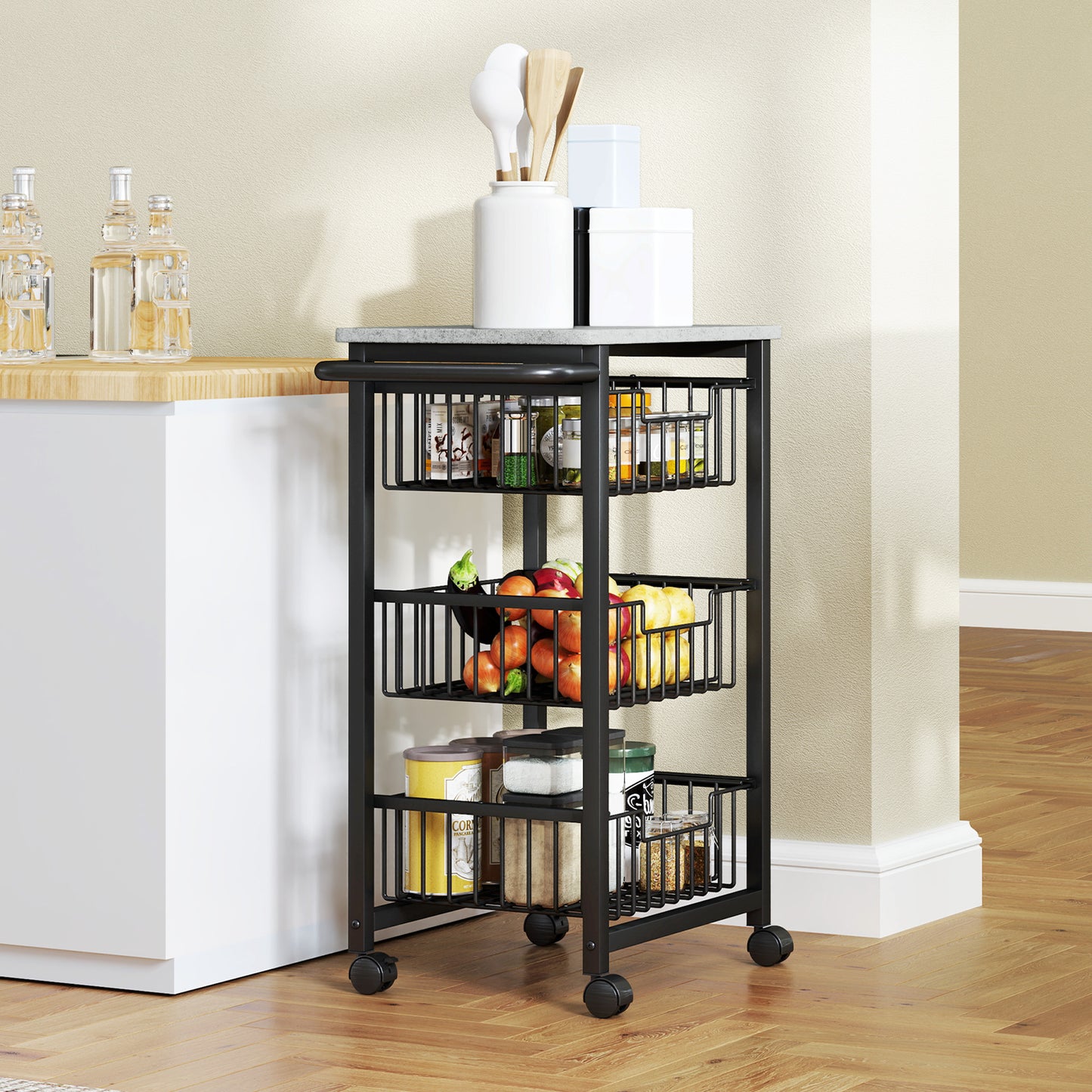 3-Tier Kitchen Island on Wheels with 3 Pull-Out Baskets, Light Grey
