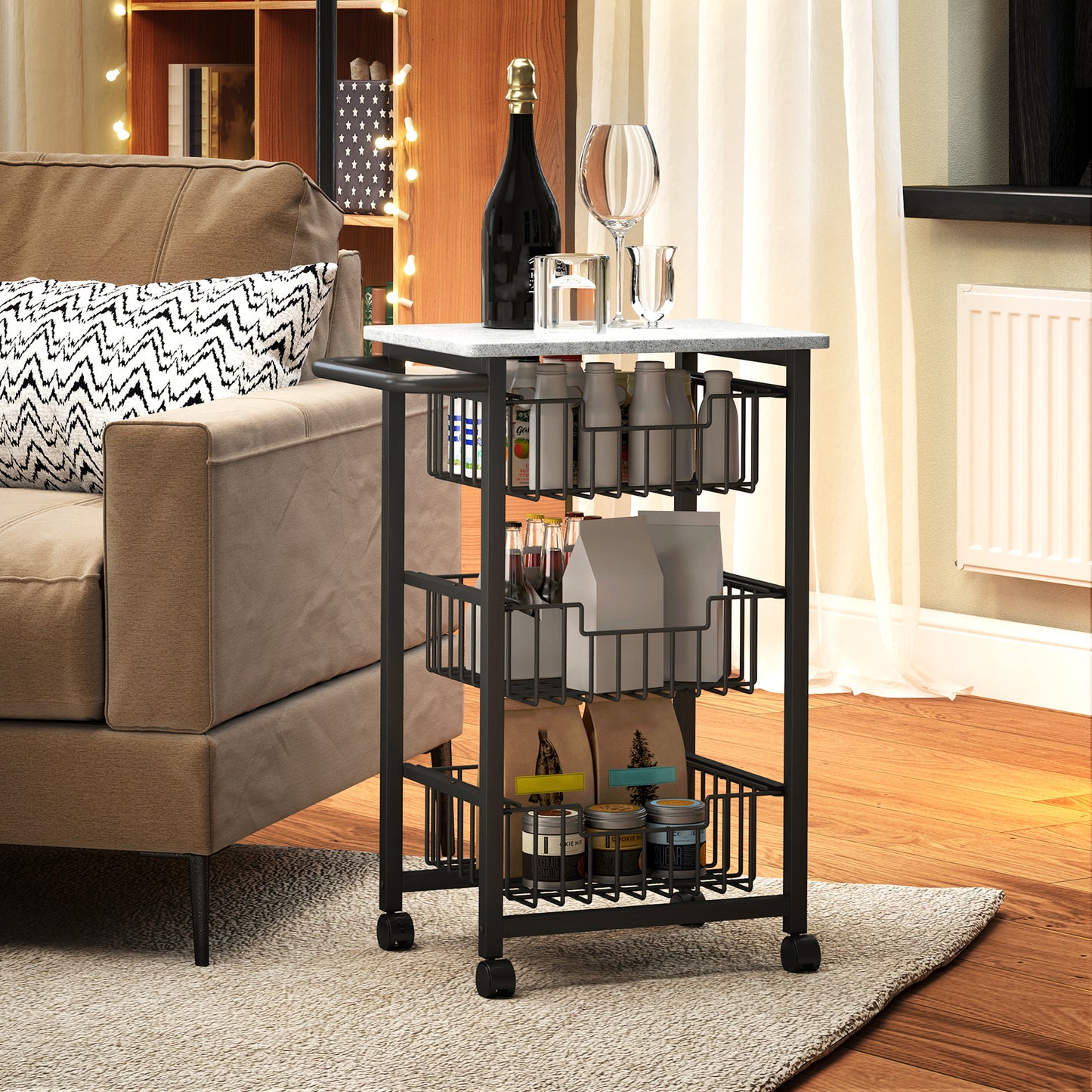 3-Tier Kitchen Island on Wheels with 3 Pull-Out Baskets, Light Grey