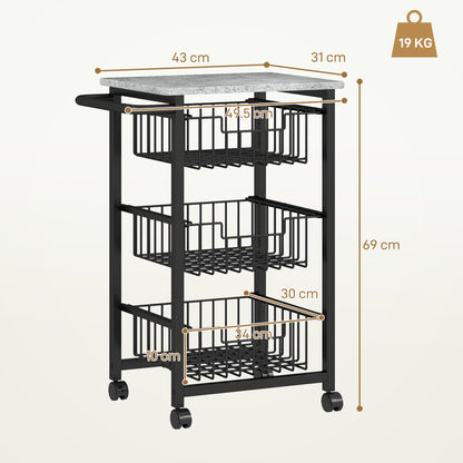 3-Tier Kitchen Island on Wheels with 3 Pull-Out Baskets, Light Grey