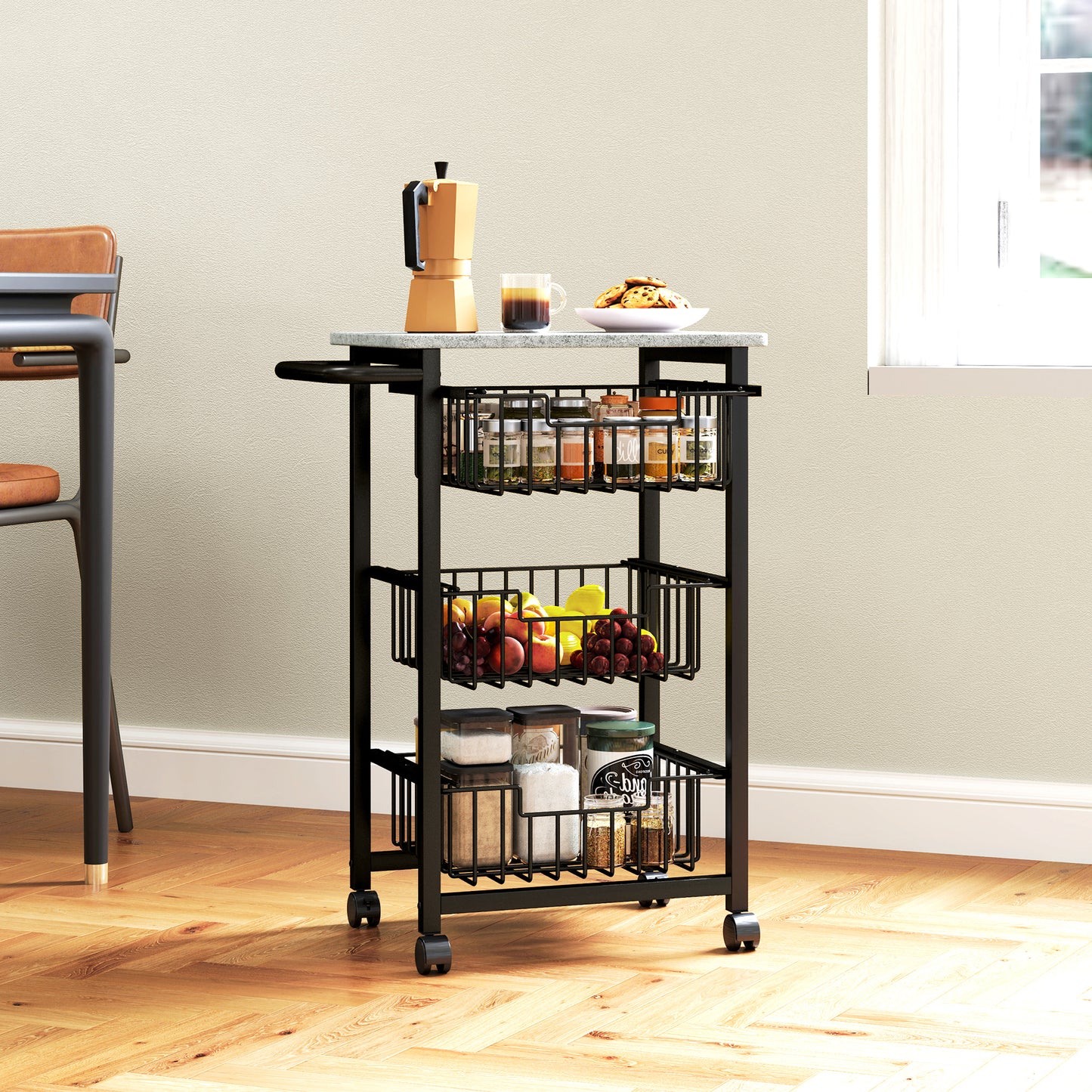 3-Tier Kitchen Island on Wheels with 3 Pull-Out Baskets, Light Grey