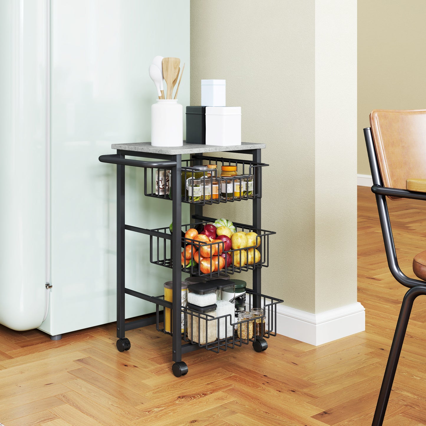 3-Tier Kitchen Island on Wheels with 3 Pull-Out Baskets, Light Grey