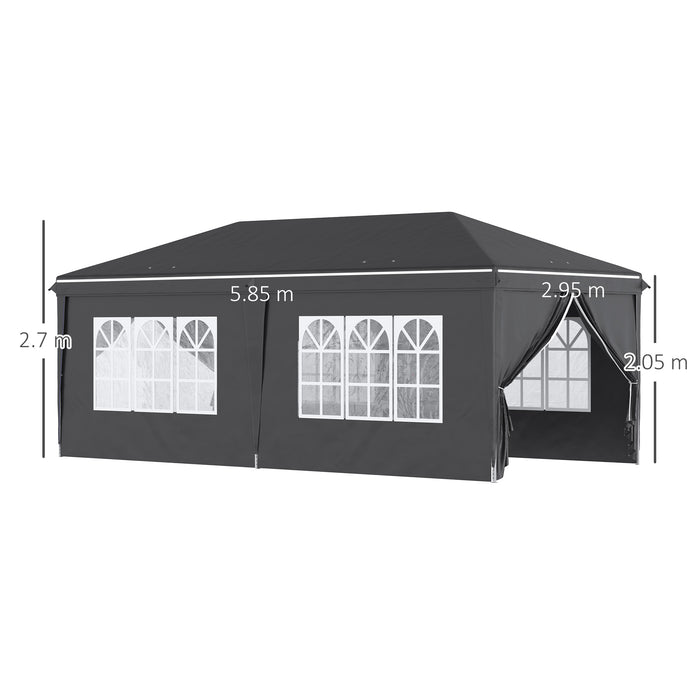 3 x 6 m Pop Up Gazebo with Sides and Windows, Height Adjustable Party Tent with Storage Bag for Garden, Camping, Event, Black