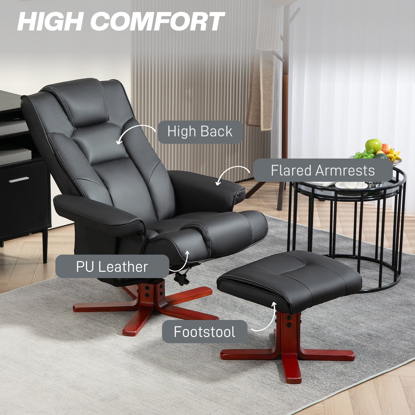 Reclining Armchair with Footstool and Adjustable Backrest, Black