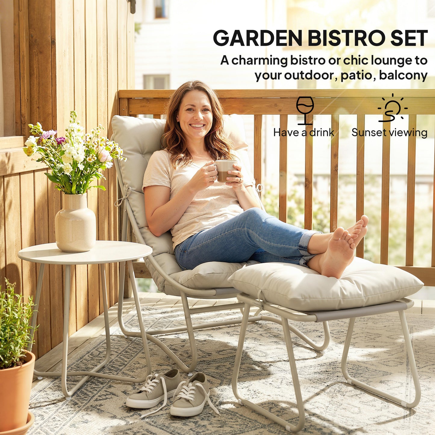 3 Piece Bistro Set, Outdoor Table and Chair Set with Footstool