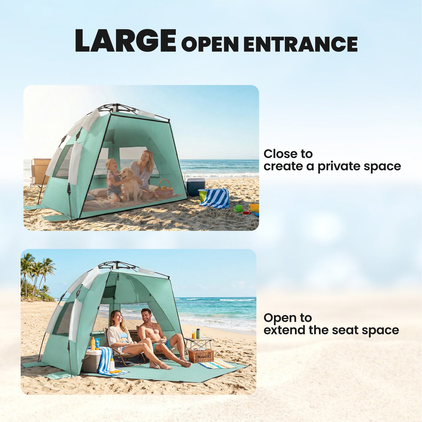 Pop Up Beach Tent for 2-3 Person with Carry Bag, UPF15+, Green