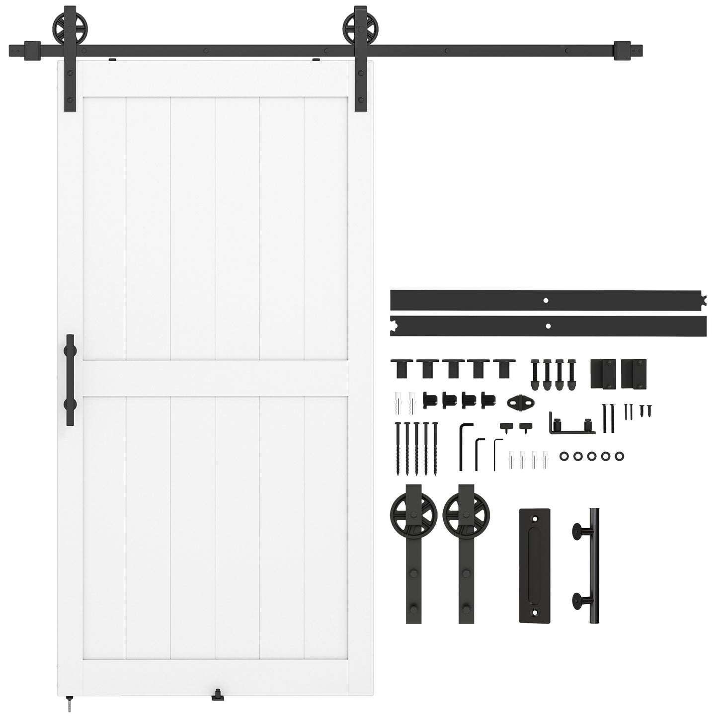 107 x 213 cm Sliding Barn Door with 213 cm Sliding Door Hardware Kit & Industrial Handle, Upgraded Rollers and Floor Guide, Waterproof Plastic Surface, Pre-Drilled Easy Assembly, White