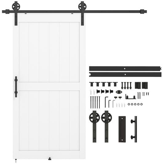 107 x 213 cm Sliding Barn Door with 213 cm Sliding Door Hardware Kit & Industrial Handle, Upgraded Rollers and Floor Guide, Waterproof Plastic Surface, Pre-Drilled Easy Assembly, White
