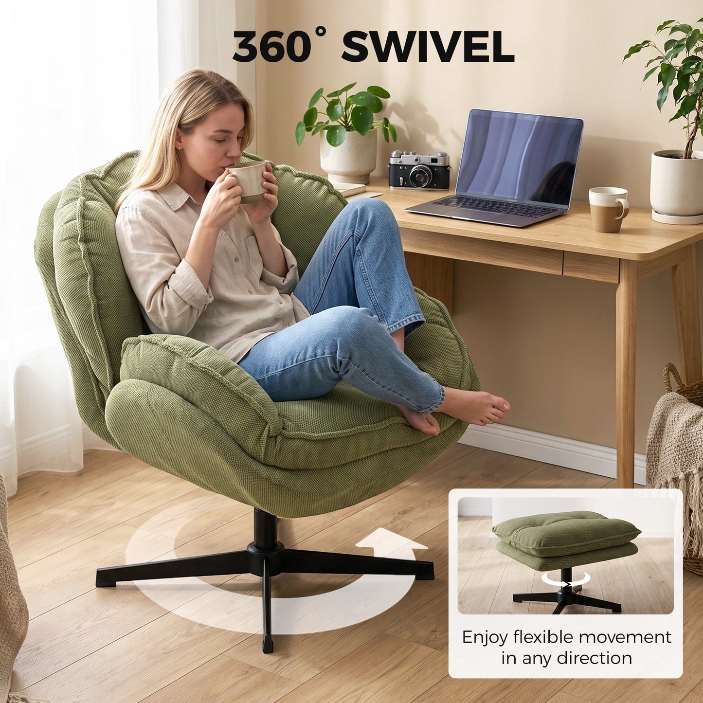 Armchair with Footstool, 360-Degree Swivel Accent Chair, Green