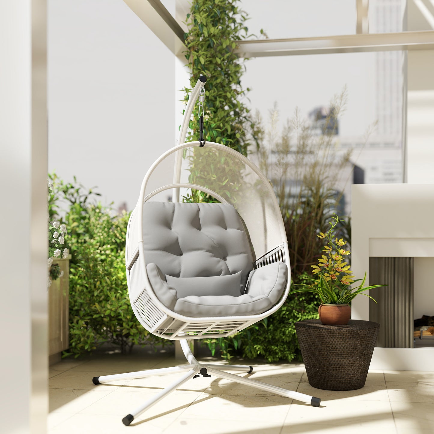 Hanging Egg Chair with Stand, Cushions for Garden, Light Grey