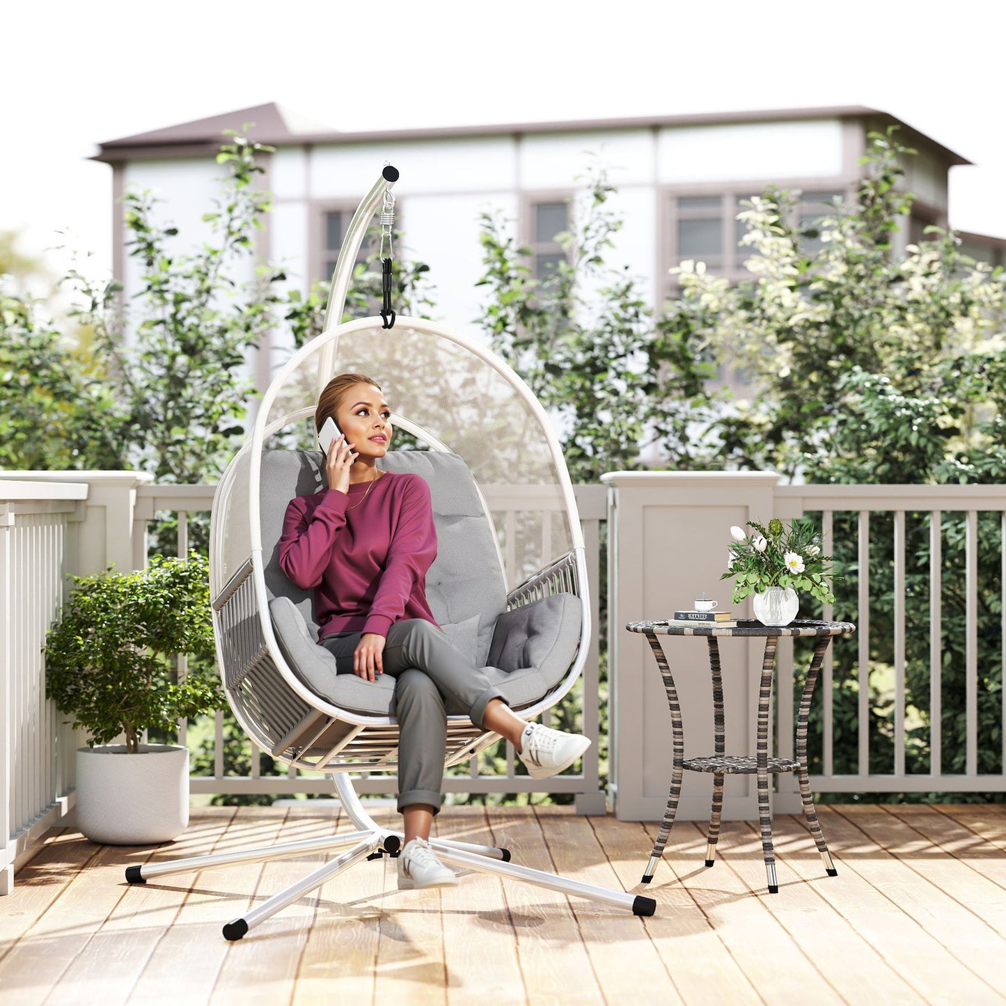 Hanging Egg Chair with Stand, Cushions for Garden, Light Grey