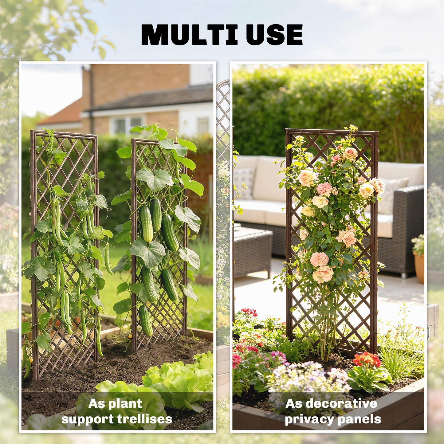 Garden Arch, Wicker Trellis Support Frame with Flat Top, Natural