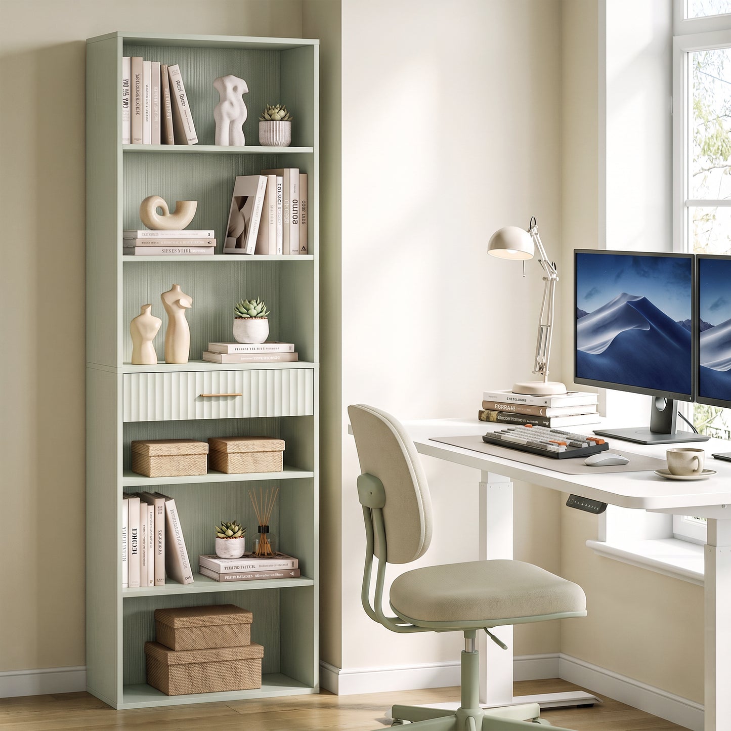 Tall Bookcase with Cubes, 7-Tier Bookshelf with Drawer, Light Green