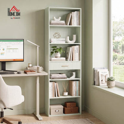 Tall Bookcase with Cubes, 7-Tier Bookshelf with Drawer, Light Green