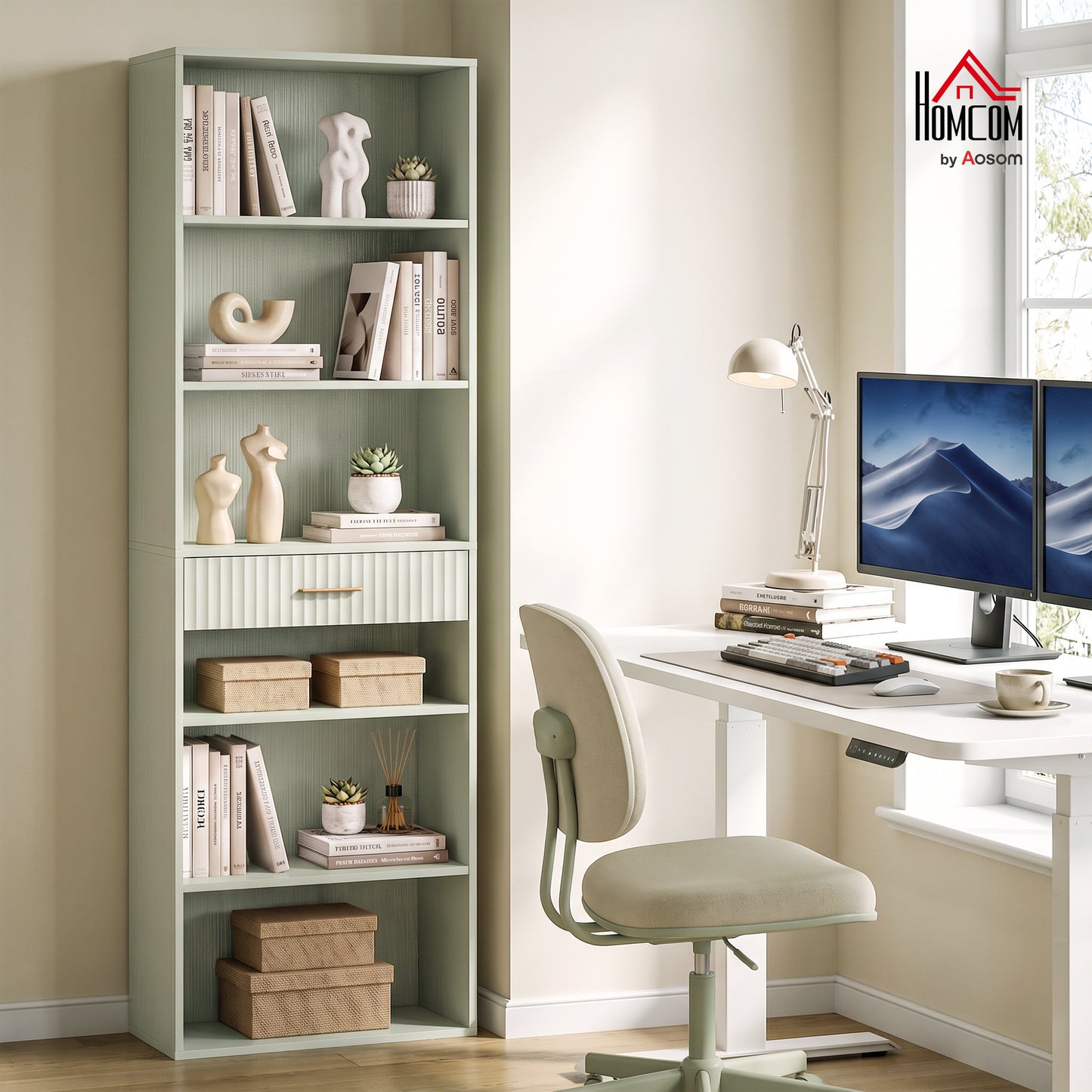 Tall Bookcase with Cubes, 7-Tier Bookshelf with Drawer, Light Green
