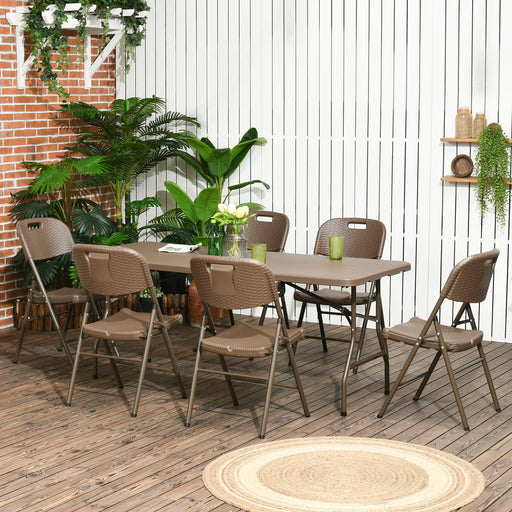 Patio 7 PCs Resin Rattan Dining Set, Foldable Chairs and Table w/ HDPE Molding Process, Portable, Space-saving for Indoor Outdoor Brown