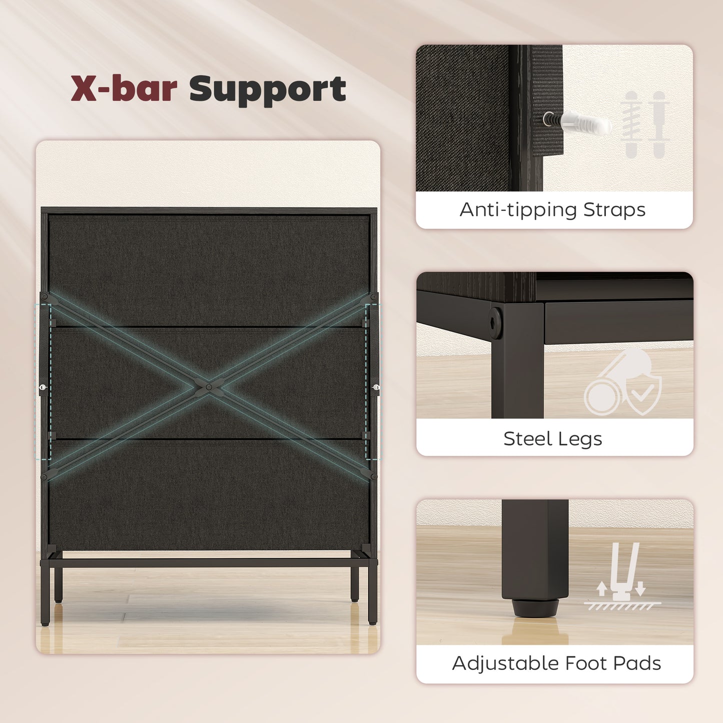 Chest of Drawers, 3 Fabric Drawer Dresser, Aluminium Handles, Black