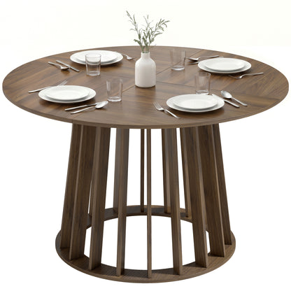 120 cm Round Dining Table for 4-6 People, Modern Kitchen Table with Slatted and Heavy Duty Pedestal Base for Dining Room, Kitchen, Living Room, Light Walnut