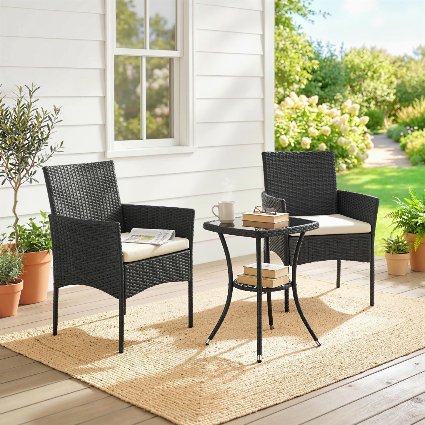 3 Piece Rattan Bistro Set with 2 Tier Glass-Top Table, Chairs