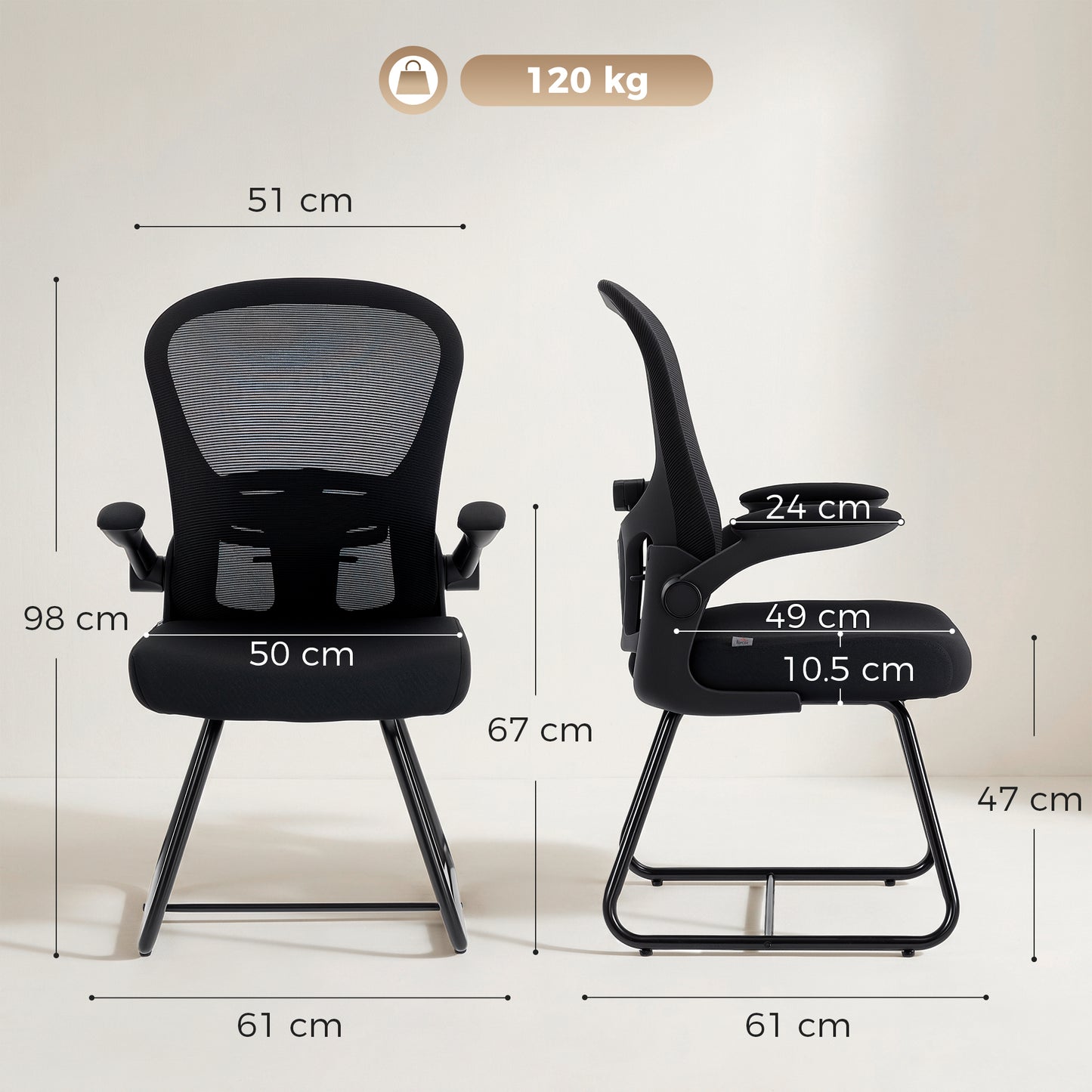 Reception Chair, Conference Meeting Office Chair with Flip-up Armrest, Mesh Backrest, Lumbar Support and Metal Base for Waiting Room Home Office, Black
