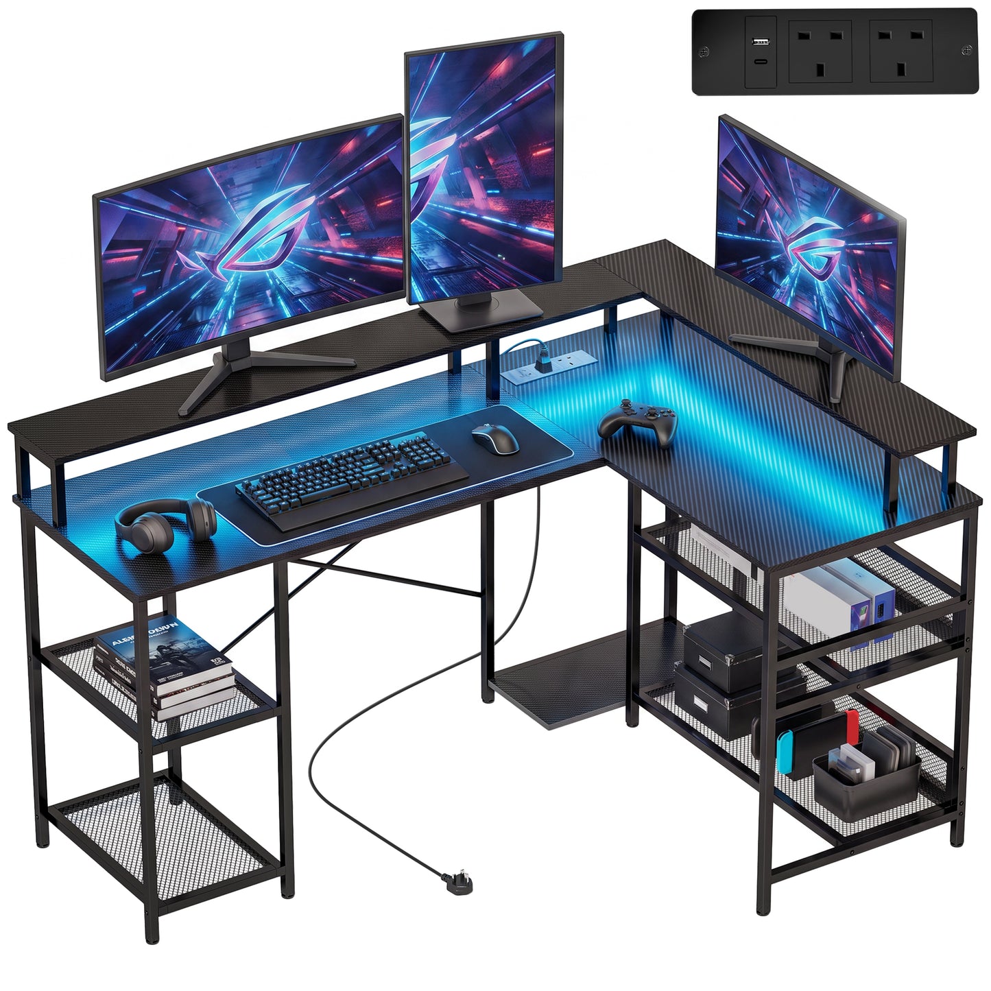 L Shaped Gaming Desk w/ LED Lights and Power Outlets, Black