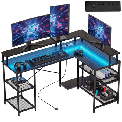 L Shaped Gaming Desk w/ LED Lights and Power Outlets, Black
