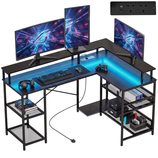 L Shaped Gaming Desk w/ LED Lights and Power Outlets, Black