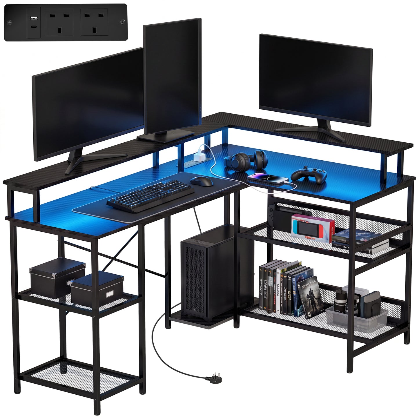 L Shaped Gaming Desk w/ LED Lights and Power Outlets, Black