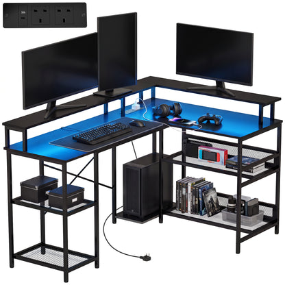 L Shaped Gaming Desk w/ LED Lights and Power Outlets, Black