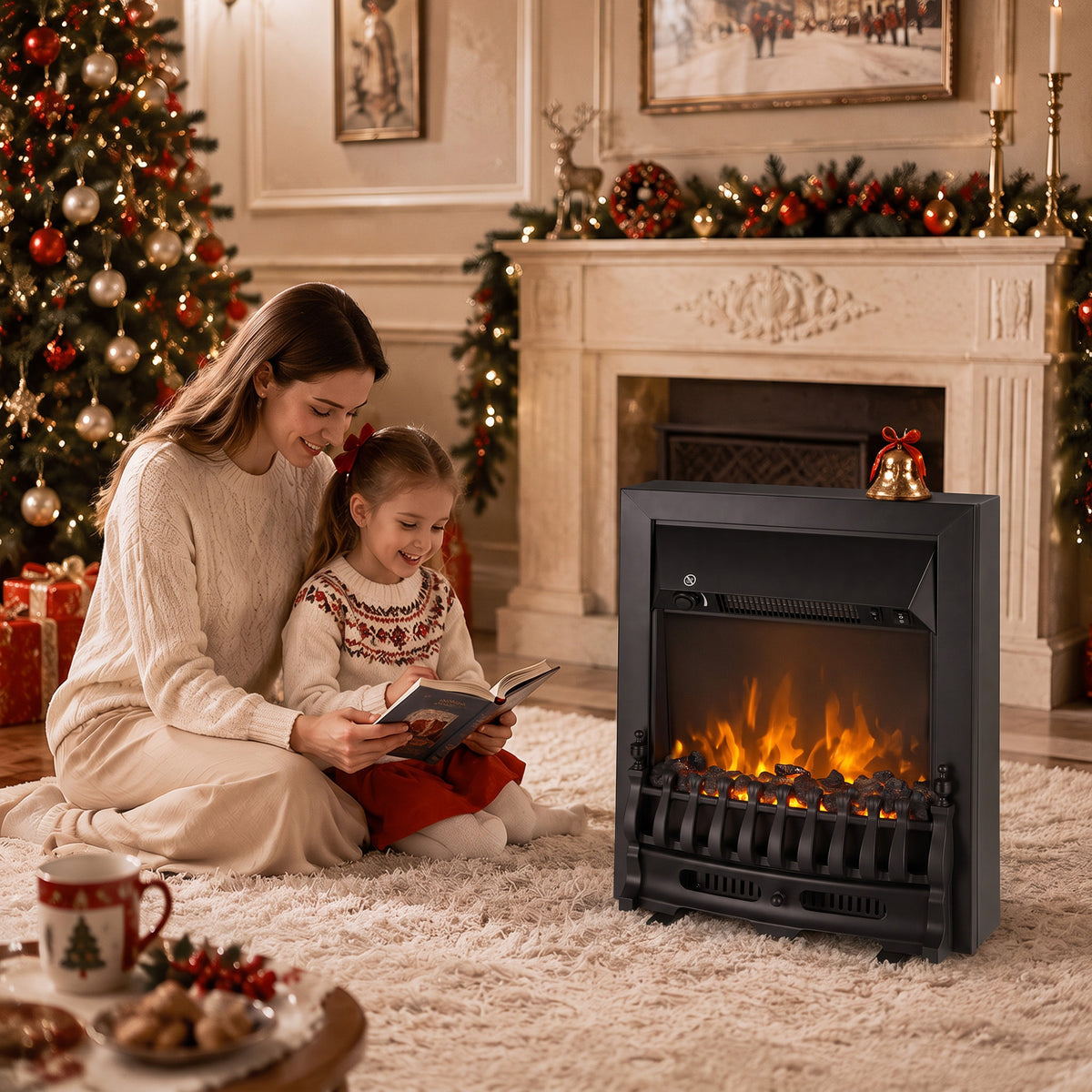 2000W Freestanding or Inset Electric Fire with Coal Effect - Matt Black