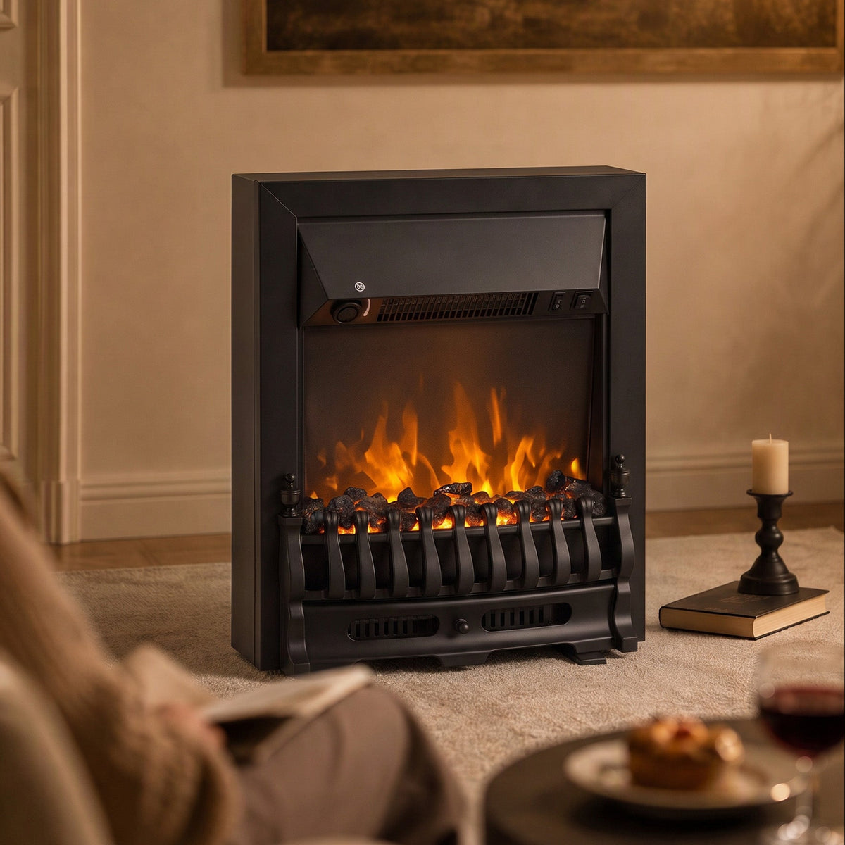 2000W Freestanding or Inset Electric Fire with Coal Effect - Matt Black