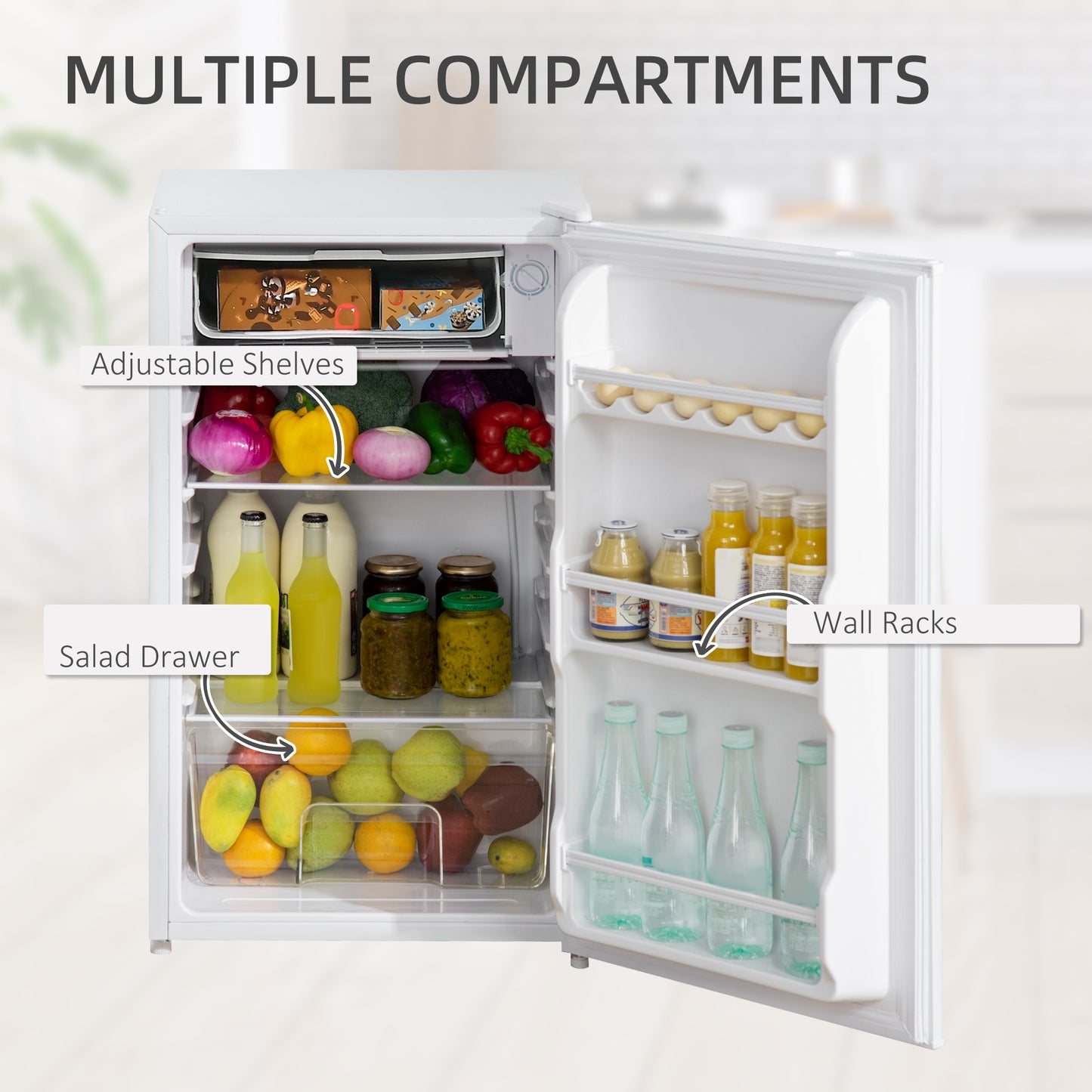91 Litre Freestanding Under Counter Fridge Freezer, Small Fridge with Chiller Box, Adjustable Thermostat, 47.5cm Wide, White