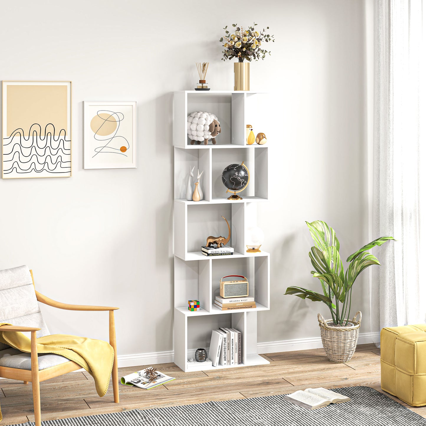 5-tier Display Shelving Storage Bookcase S Shape Bookshelf, White