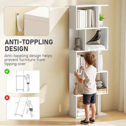 5-tier Display Shelving Storage Bookcase S Shape Bookshelf, White
