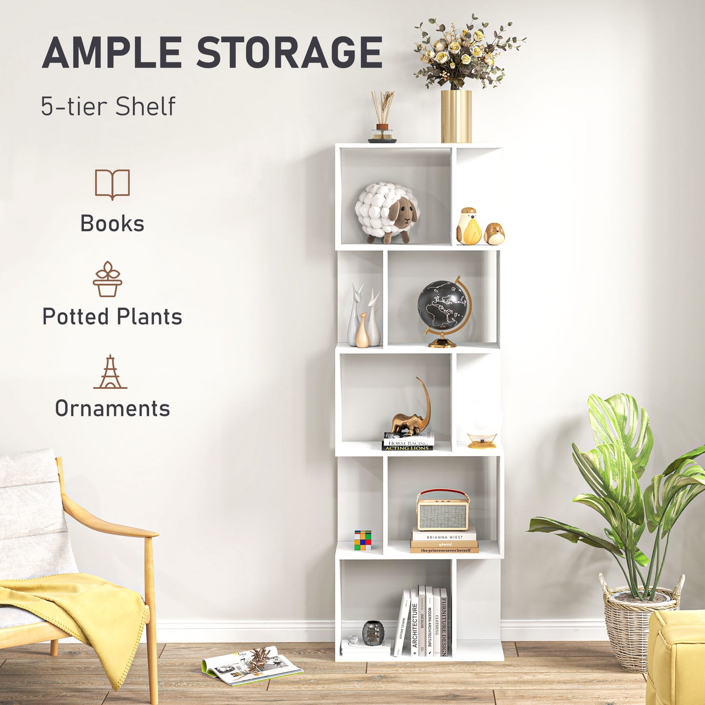 5-tier Display Shelving Storage Bookcase S Shape Bookshelf, White