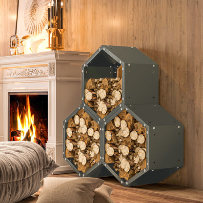 Steel Firewood Log Rack Fireplace Log Holder for Indoor Outdoor, Grey